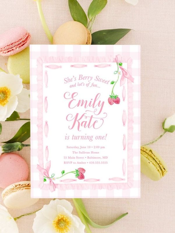 Strawberry Birthday Invitation Girl - Preppy Pink Gingham - Watercolor Pink Bow - Gingham Bow Party - Berry First Birthday - Berry Sweet