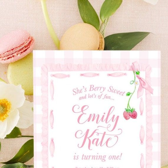 Strawberry Birthday Invitation Girl - Preppy Pink Gingham - Watercolor Pink Bow - Gingham Bow Party - Berry First Birthday - Berry Sweet