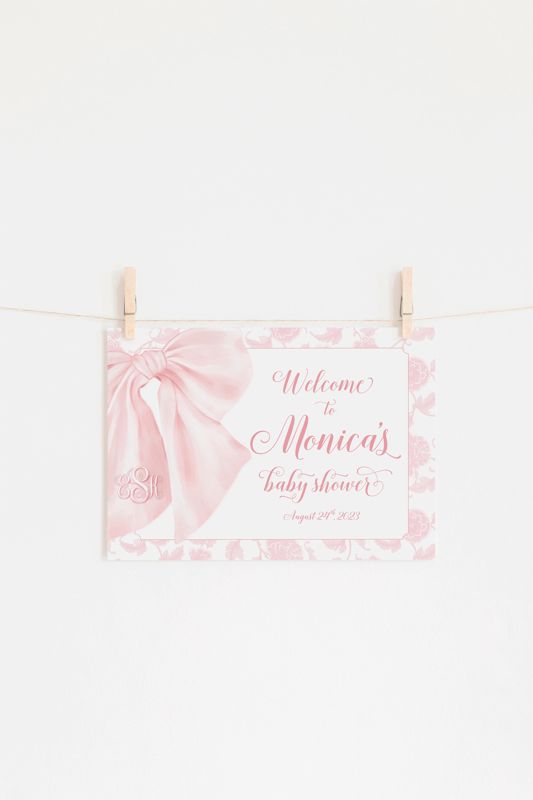 Pink Chinoiserie Baby Shower Welcome Sign - Preppy Southern Heirloom Bow - Monogram Pink Bow - Girl Baby Shower