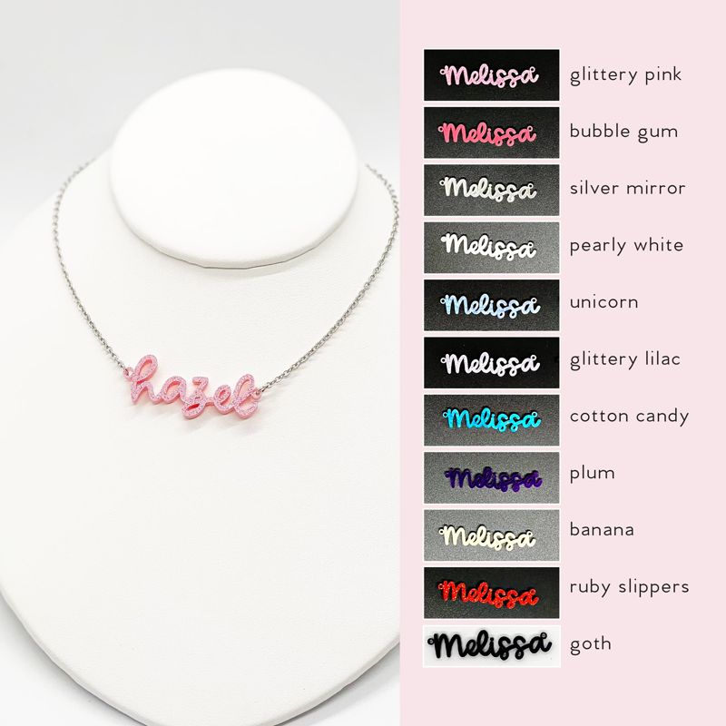 Hot Pink Acrylic Name Necklace, Personalized Nameplate Necklace, Bridesmaid Gift, Fluorescent Pink, Gift for Her, Stocking Stuffer (glittery pink, Silver Tone 12")