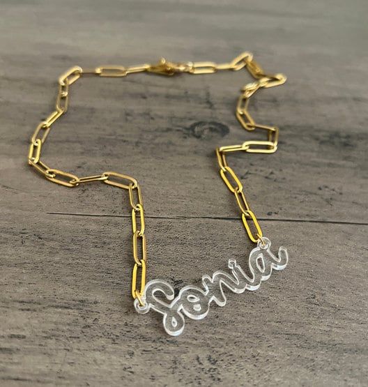 Hot Pink Acrylic Name Necklace, Personalized Nameplate Necklace, Bridesmaid Gift, Fluorescent Pink, Gift for Her, Stocking Stuffer (glittery pink, Silver Tone 12")