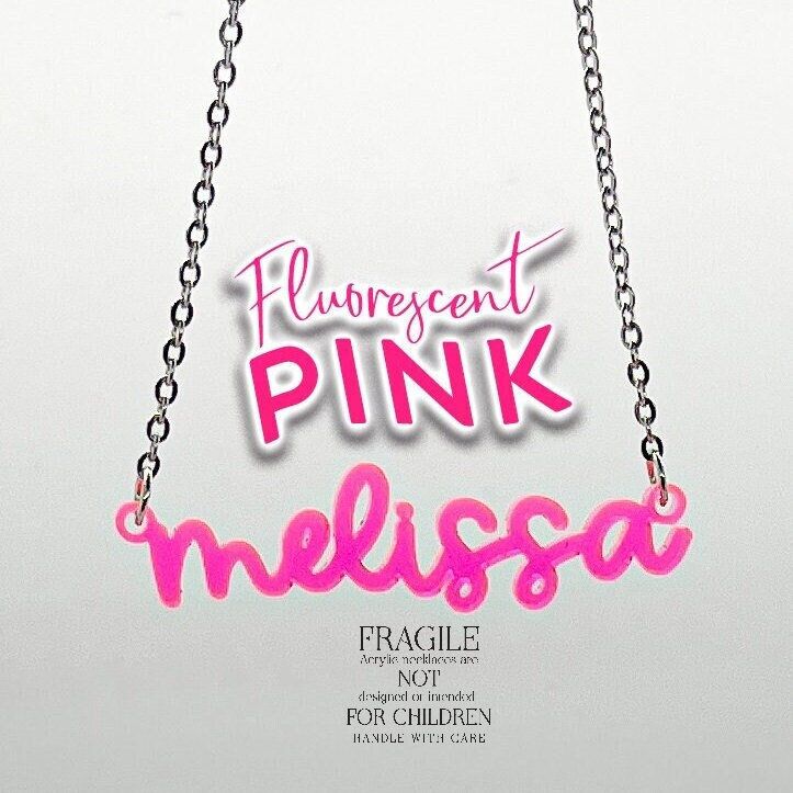 Hot Pink Acrylic Name Necklace, Personalized Nameplate Necklace, Bridesmaid Gift, Fluorescent Pink, Gift for Her, Stocking Stuffer (glittery pink, Silver Tone 12")