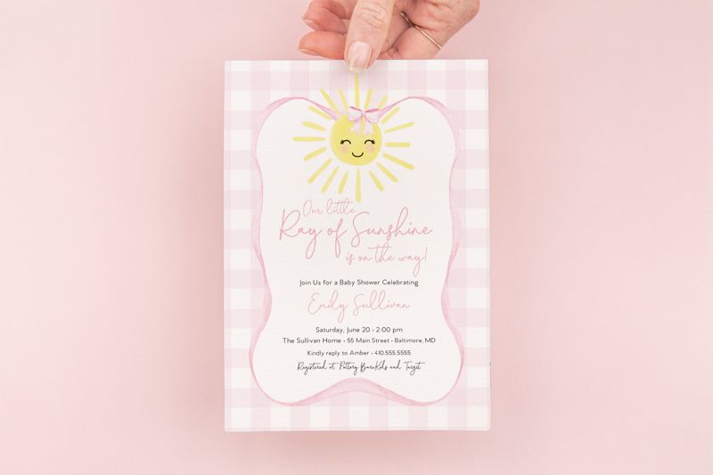 Preppy Pink Gingham Sunshine Baby Shower Invitation - Our Little Ray of Sunshine - My Sunshine - Sunshine Girl Invite (10 printed invitations, Plain White Envelopes)