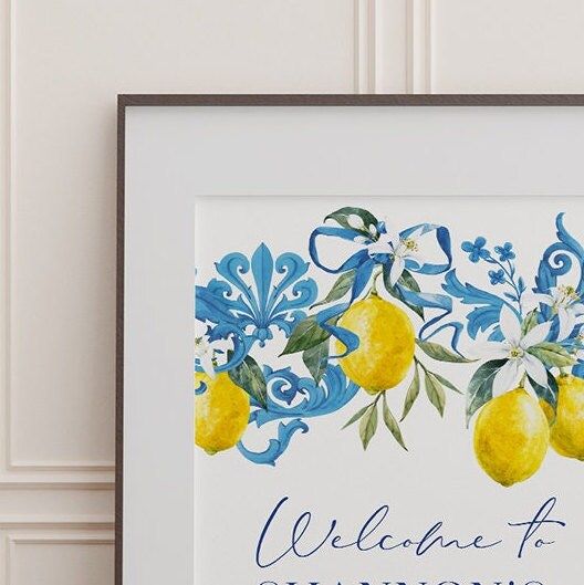 Lemon and Blue Tile Bridal Shower Welcome Sign - Italian Bridal Shower