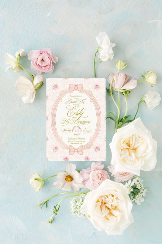 Fancy Bridal Tea Invitations, Bridesmaids Luncheon Invite, Baby Sprinkle, Fancy Pink Bow, Vintage Romantic Floral Whimsical Garden Tea Party (10 printed invitations | Plain White Envelopes)