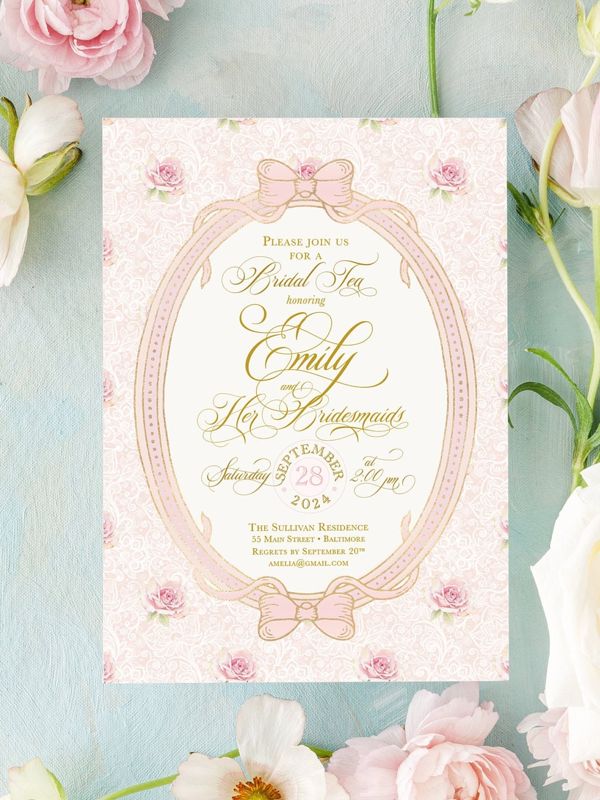 Fancy Bridal Tea Invitations, Bridesmaids Luncheon Invite, Baby Sprinkle, Fancy Pink Bow, Vintage Romantic Floral Whimsical Garden Tea Party (10 printed invitations | Plain White Envelopes)
