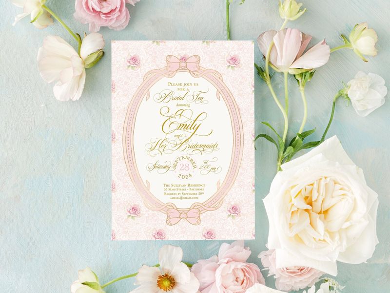 Fancy Bridal Tea Invitations, Bridesmaids Luncheon Invite, Baby Sprinkle, Fancy Pink Bow, Vintage Romantic Floral Whimsical Garden Tea Party (10 printed invitations | Plain White Envelopes)