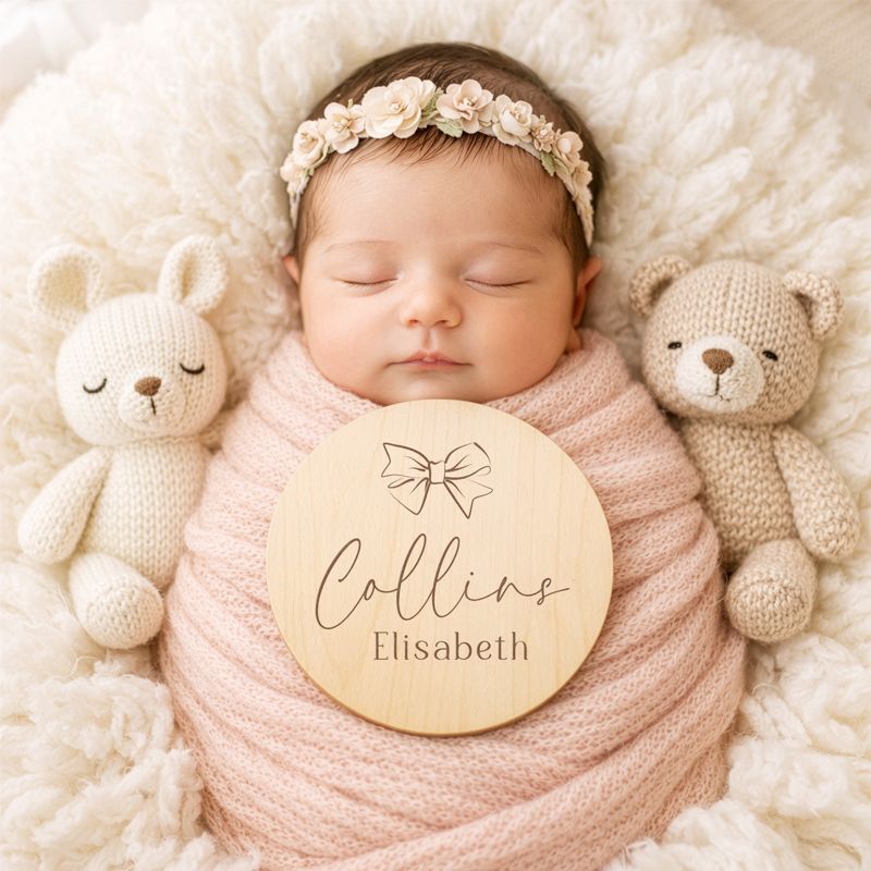 Bow Baby Girl Name Sign - Wood Baby Name Announcement Bow Knot Ribbon - Girl Birth Announcement - Hospital Name Sign - Statement Bow (4")