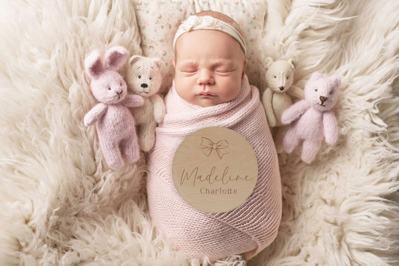 Bow Baby Girl Name Sign - Wood Baby Name Announcement Bow Knot Ribbon - Girl Birth Announcement - Hospital Name Sign - Statement Bow (4")