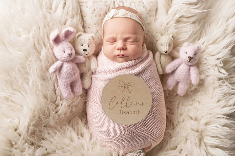 Bow Baby Girl Name Sign - Wood Baby Name Announcement Bow Knot Ribbon - Girl Birth Announcement - Hospital Name Sign - Statement Bow (4")