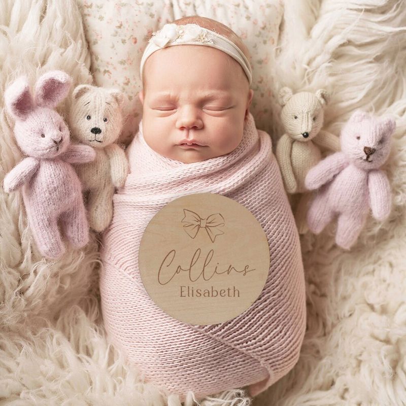 Bow Baby Girl Name Sign - Wood Baby Name Announcement Bow Knot Ribbon - Girl Birth Announcement - Hospital Name Sign - Statement Bow (4")