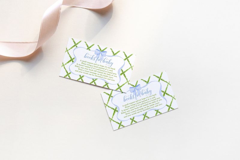 Boy Baby Shower Books for Baby Insert Cards Printed with Blue Watercolor Bow and Trellis - Baby Boy Sprinkle - Blue Bow Diaper Insert Card (20 printed cards)