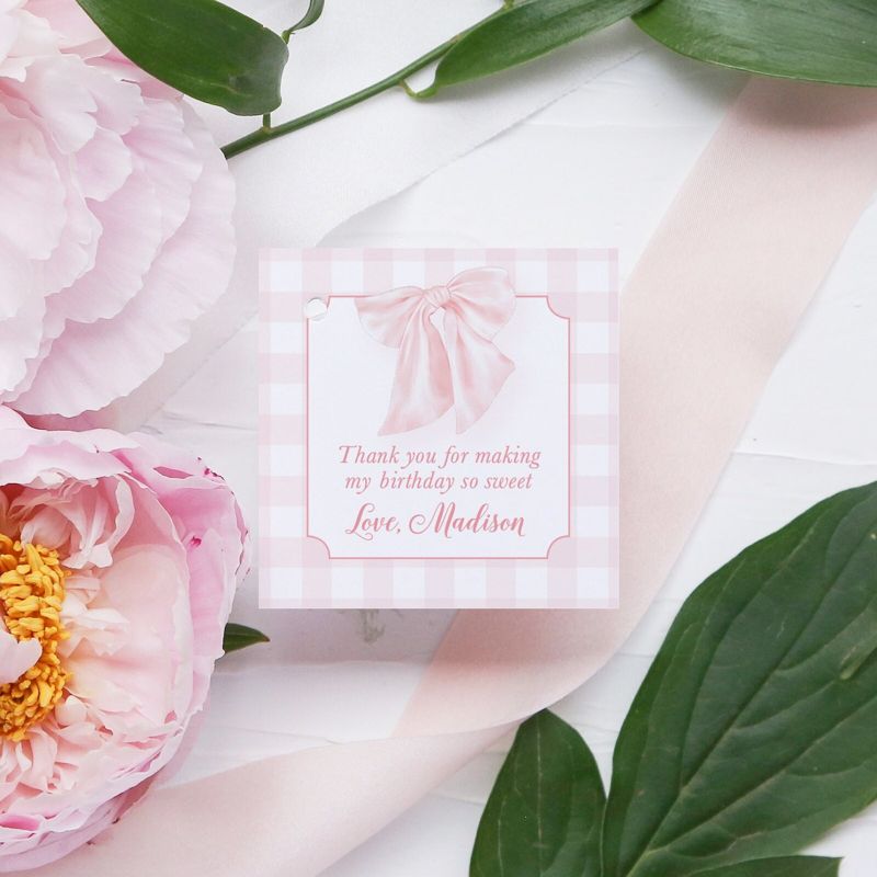 Girl Birthday Party Favor Tags - Pink Gingham - Bow Party Favor Tag - Thank you tags - Girl First Birthday - Preppy Pink Gingham (20 printed notes)