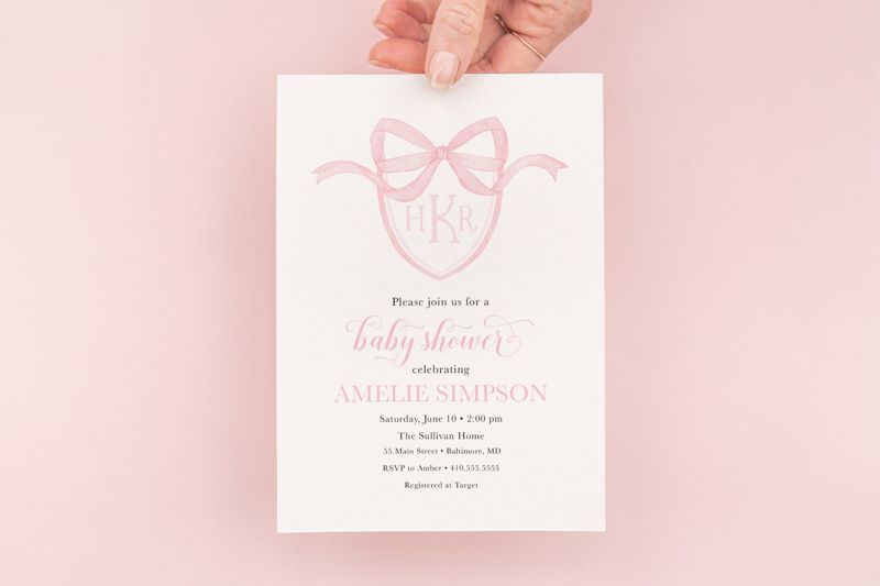 Preppy Pink Monogram Bow Baby Shower Invitation (10 printed invitations | Plain White Envelopes)