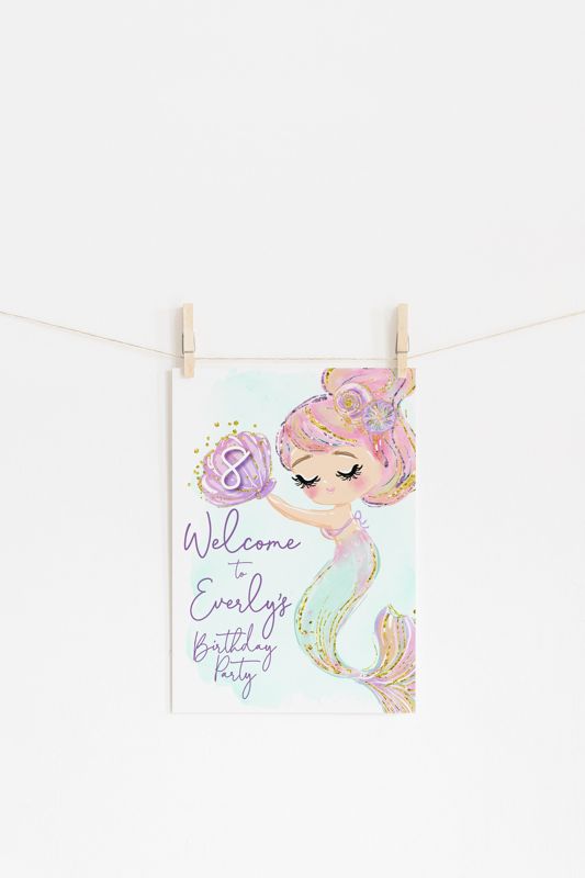 Mermaid Birthday Party Welcome Sign - Under the Sea - Swimming Party - Girl Beach Birthday - Printable Sign File