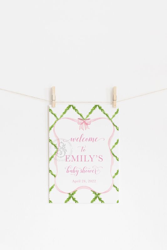 Preppy Pink and Green Bow Baby Shower Welcome Sign, Baby Sprinkle, Baby Girl Shower, Watercolor Pink Bow, Trellis Bow Girl Birthday