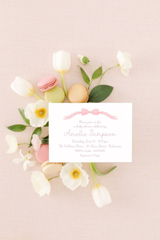 Watercolor Pink Bow Baby Girl Shower Invitations, Baby Girl Sprinkle Invites, Grandmillenial Bridal Shower, Classic Girl Birthday, Whimsical (10 printed invitations | Plain White Envelopes)