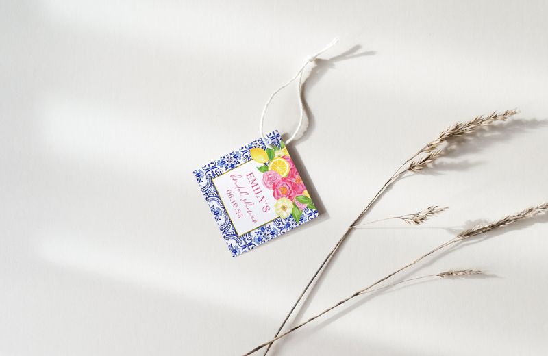 Tuscan Lemon and Portuguese Blue Tile Bridal Shower Favor Tags (20 printed notes)