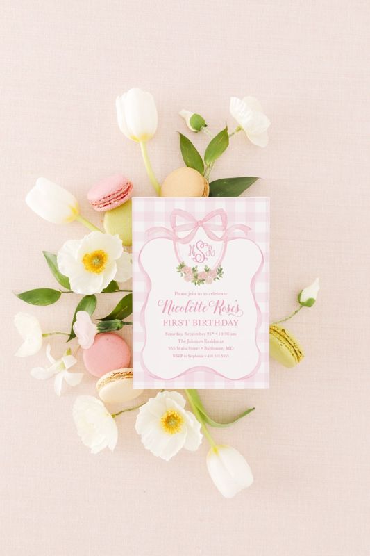 Pink Girl First Birthday Invitations, Preppy Pink Monogram, Watercolor Crest, Gingham Bow Baby Shower Invitations, Girl Baby Sprinkle (10 printed invitations | Plain White Envelopes)