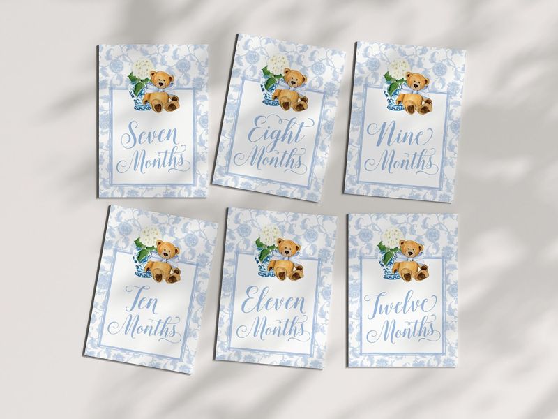 Boy Milestone Cards Printable Teddy Bear Ginger Jar Toile - Blue Chinoiserie Baby Month Cards - Keepsake Memories - Classic Baby Boy