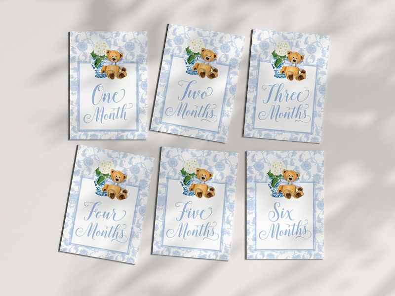 Boy Milestone Cards Printable Teddy Bear Ginger Jar Toile - Blue Chinoiserie Baby Month Cards - Keepsake Memories - Classic Baby Boy