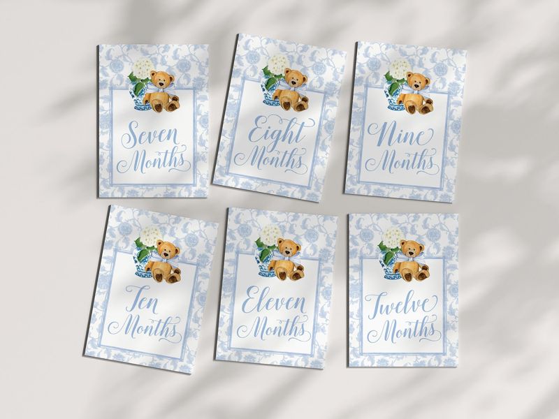 Boy Milestone Cards Printable Teddy Bear Ginger Jar Toile - Blue Chinoiserie Baby Month Cards - Keepsake Memories - Classic Baby Boy