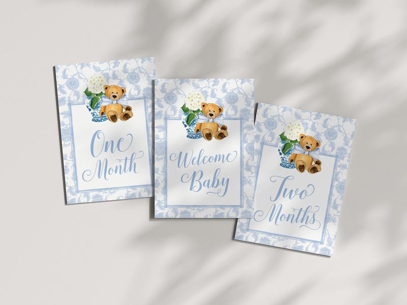 Boy Milestone Cards Printable Teddy Bear Ginger Jar Toile - Blue Chinoiserie Baby Month Cards - Keepsake Memories - Classic Baby Boy