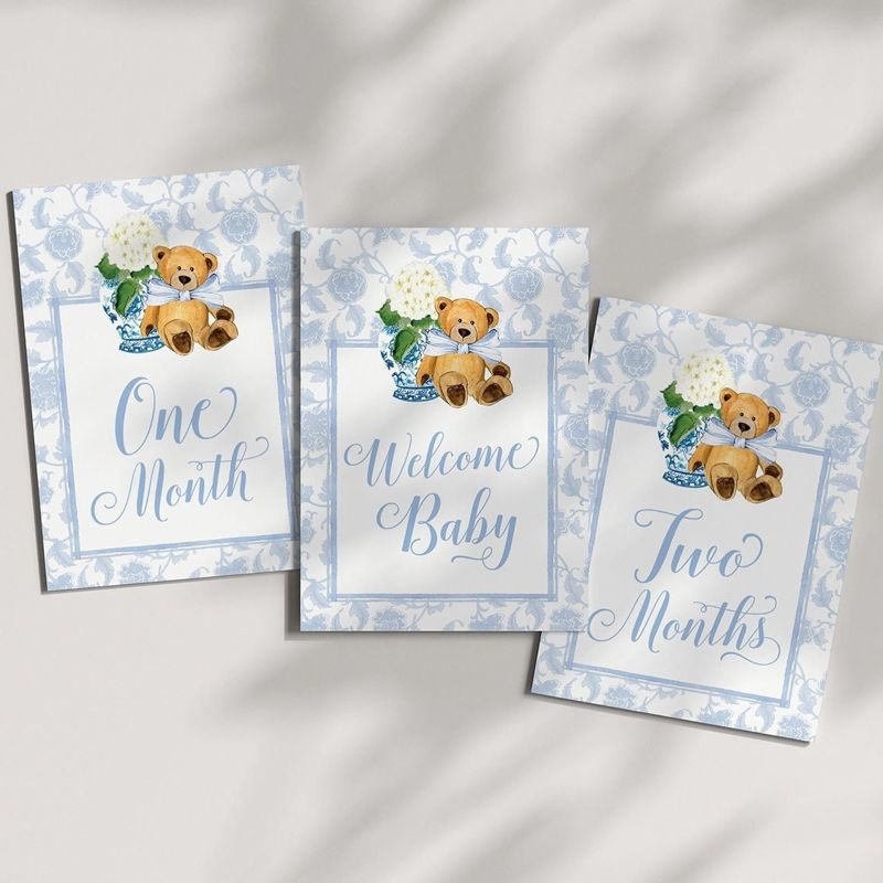 Boy Milestone Cards Printable Teddy Bear Ginger Jar Toile - Blue Chinoiserie Baby Month Cards - Keepsake Memories - Classic Baby Boy