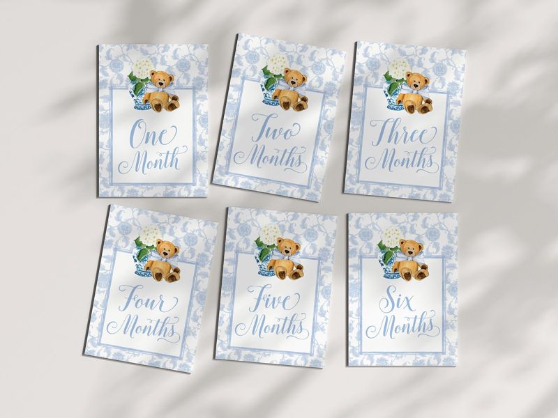 Boy Milestone Cards Printable Teddy Bear Ginger Jar Toile - Blue Chinoiserie Baby Month Cards - Keepsake Memories - Classic Baby Boy