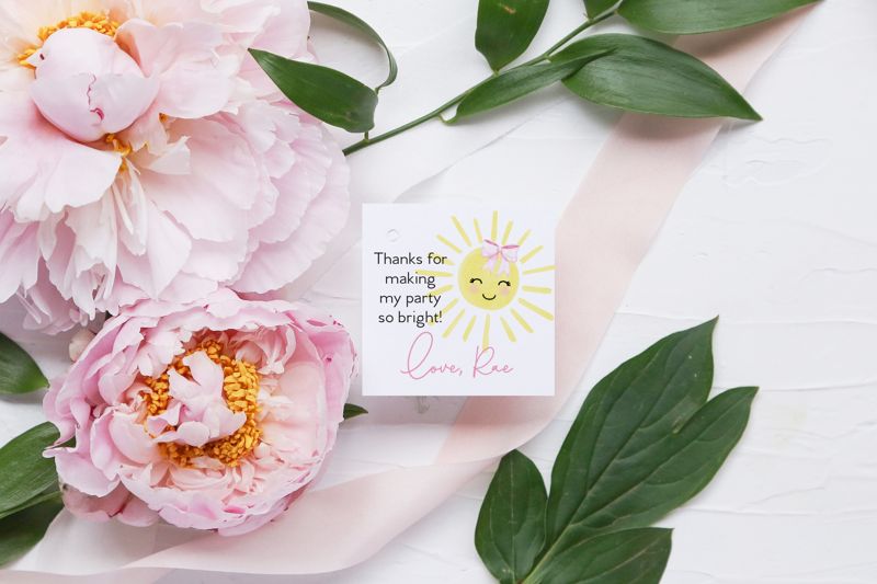 Sunshine Birthday Party Favor Tags - Girl First Birthday - 1st Birthday Girl Sun Party (20 printed notes)