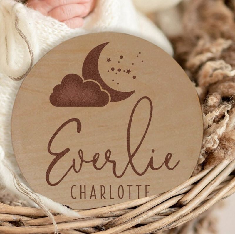 Cloud, Moon and Stars Baby Announcement Sign, Celestial Birth Announcement Sign, Baby Name Sign for Hospital, Newborn Name Wood Sign (4")