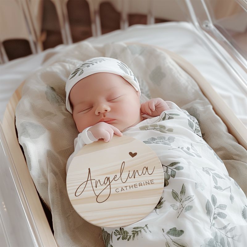 Baby Name Announcement Sign Girl- Wood Baby Name Reveal Plaque Heart - Girl Birth Announcement - Newborn Photo Prop (4")