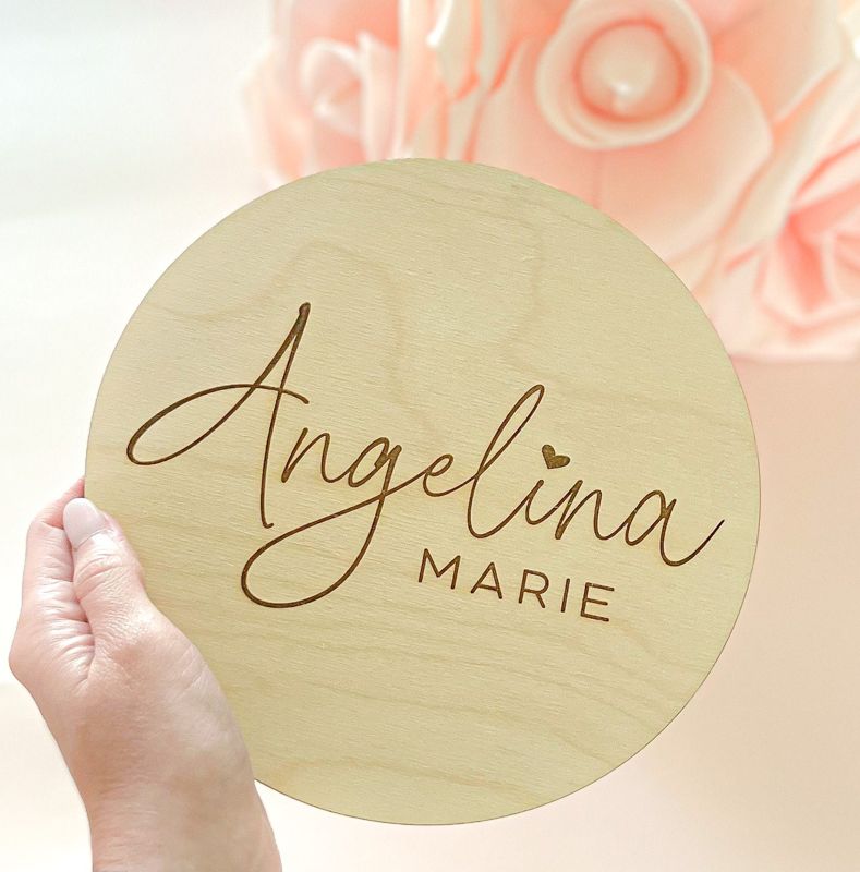 Baby Name Announcement Sign Girl- Wood Baby Name Reveal Plaque Heart - Girl Birth Announcement - Newborn Photo Prop (4")