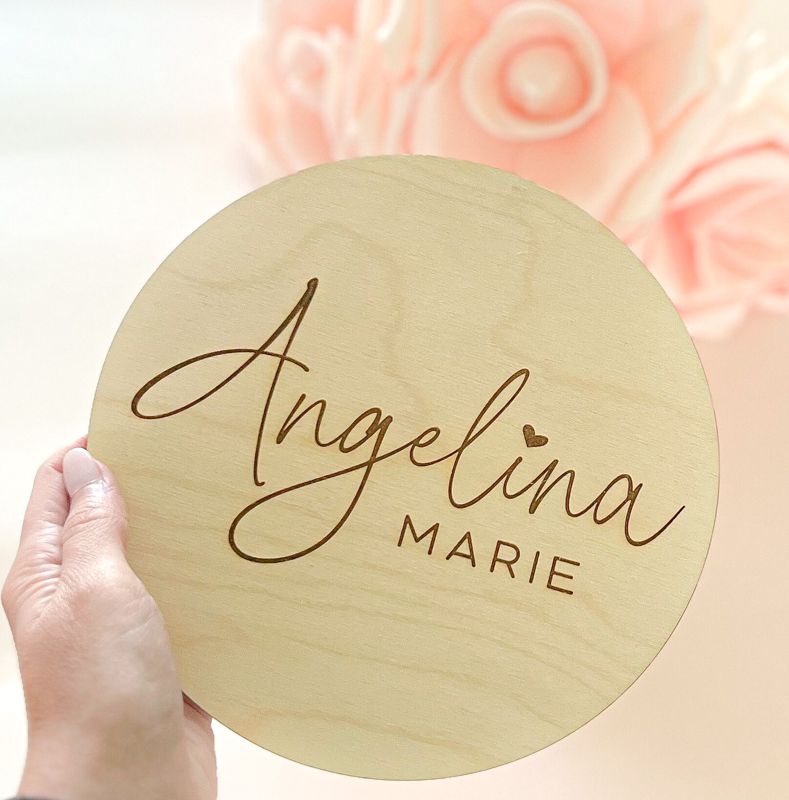 Baby Name Announcement Sign Girl- Wood Baby Name Reveal Plaque Heart - Girl Birth Announcement - Newborn Photo Prop (4")