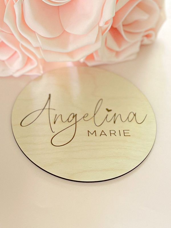 Baby Name Announcement Sign Girl- Wood Baby Name Reveal Plaque Heart - Girl Birth Announcement - Newborn Photo Prop (4")
