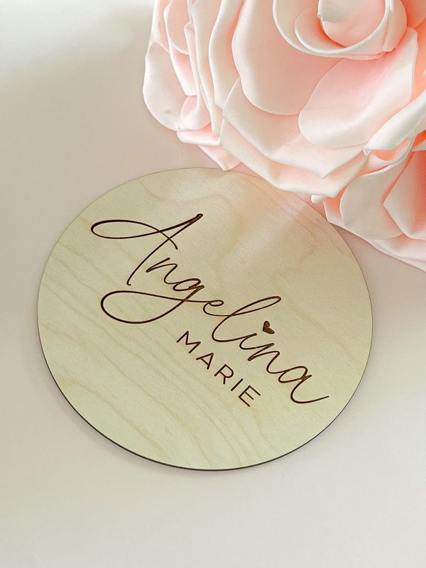 Baby Name Announcement Sign Girl- Wood Baby Name Reveal Plaque Heart - Girl Birth Announcement - Newborn Photo Prop (4")