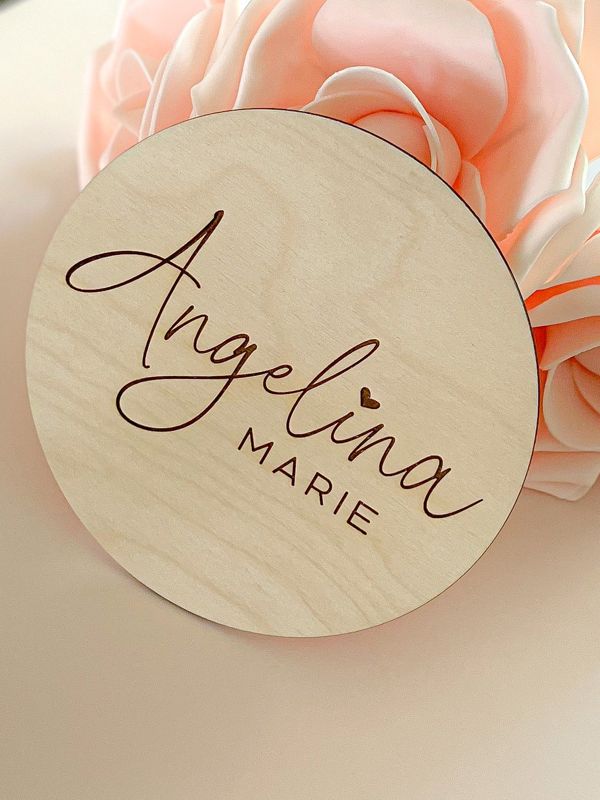 Baby Name Announcement Sign Girl- Wood Baby Name Reveal Plaque Heart - Girl Birth Announcement - Newborn Photo Prop (4")