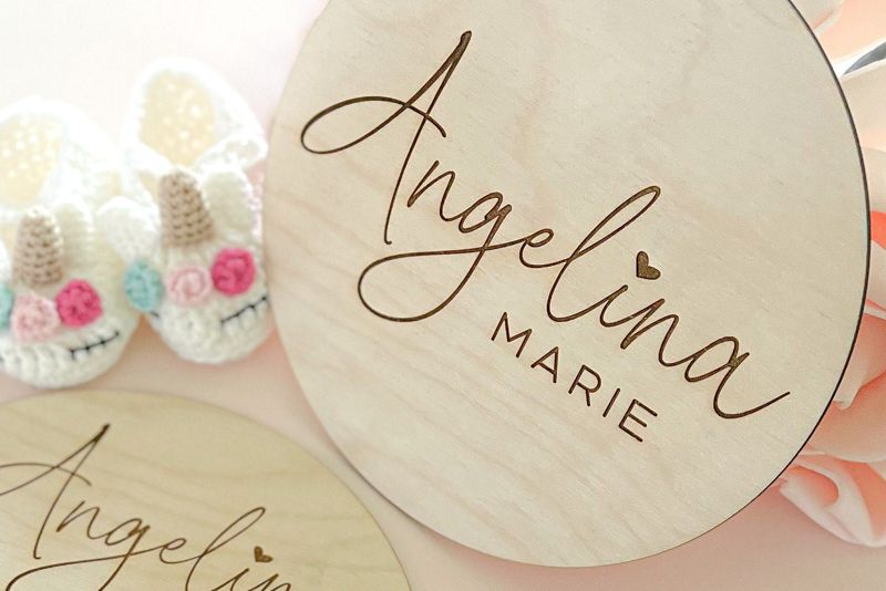 Baby Name Announcement Sign Girl- Wood Baby Name Reveal Plaque Heart - Girl Birth Announcement - Newborn Photo Prop (4")