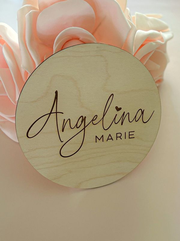 Baby Name Announcement Sign Girl- Wood Baby Name Reveal Plaque Heart - Girl Birth Announcement - Newborn Photo Prop (4")