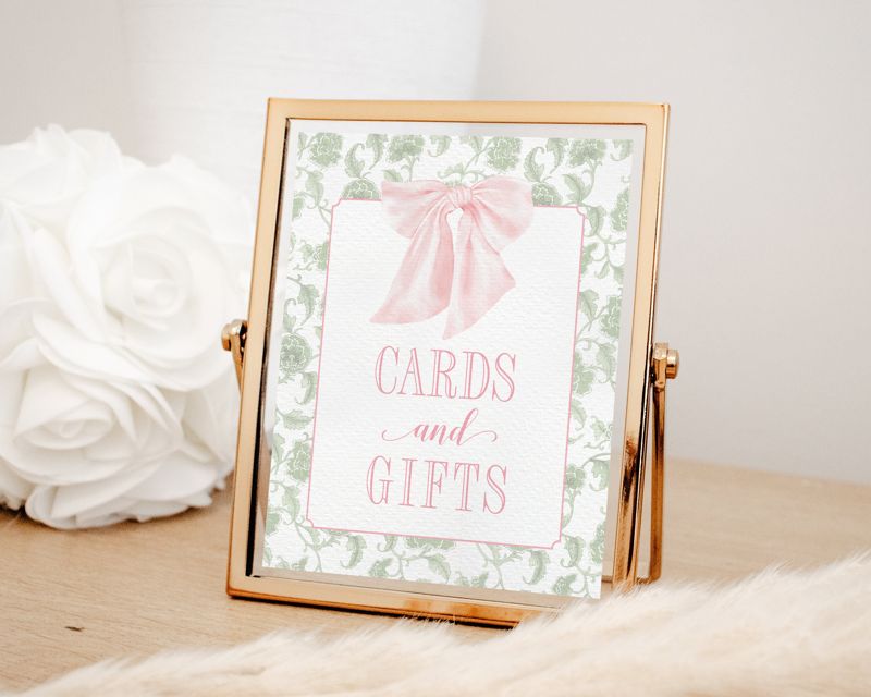 Sage Green Cards and Gifts Sign for Girl Baby Shower Printable with Pink Bow - Printable 8x10 - Preppy Pink Chinoiserie Baby Sprinkle