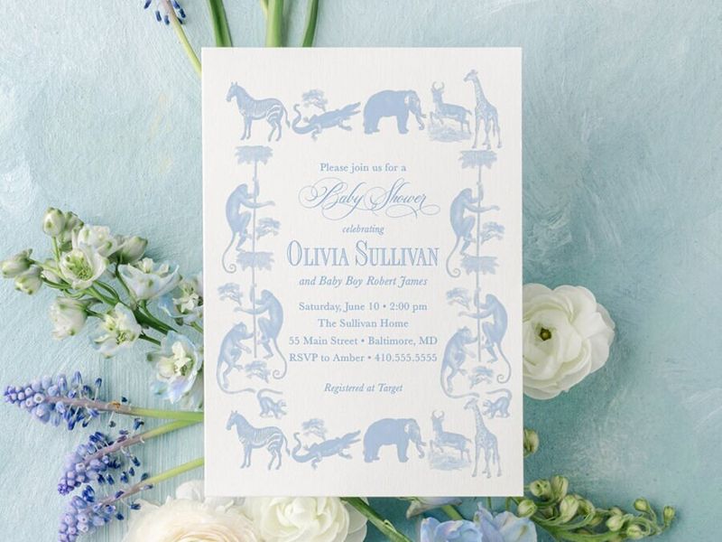 Classic Safari Toile Baby Boy Shower Invitation Safari Animals Boy Baby Sprinkle Traditional - Elephant Monkey Giraffe Zebra Alligator