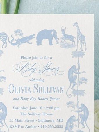 Classic Safari Toile Baby Boy Shower Invitation Safari Animals Boy Baby Sprinkle Traditional - Elephant Monkey Giraffe Zebra Alligator