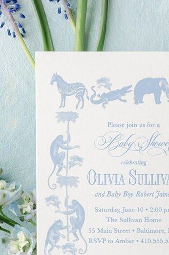 Classic Safari Toile Baby Boy Shower Invitation Safari Animals Boy Baby Sprinkle Traditional - Elephant Monkey Giraffe Zebra Alligator