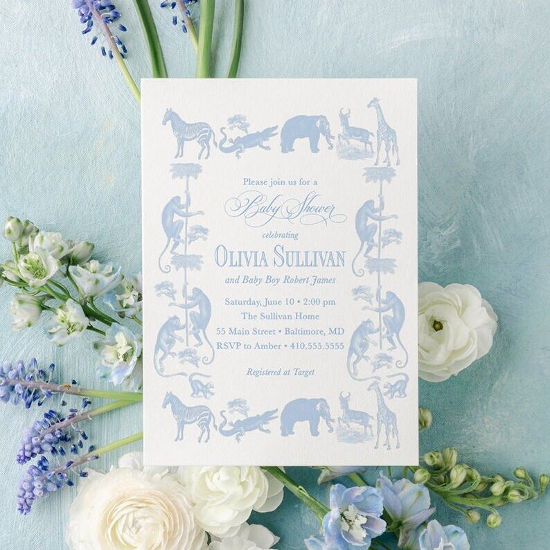 Classic Safari Toile Baby Boy Shower Invitation Safari Animals Boy Baby Sprinkle Traditional - Elephant Monkey Giraffe Zebra Alligator