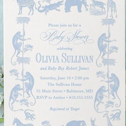 Classic Safari Toile Baby Boy Shower Invitation Safari Animals Boy Baby Sprinkle Traditional - Elephant Monkey Giraffe Zebra Alligator