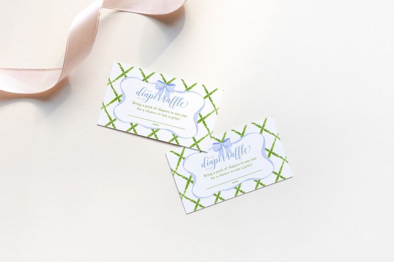 Baby Boy Shower Diaper Raffle Insert Cards Printed with Watercolor Blue Bow and Trellis - Baby Boy Sprinkle - Diaper Raffle Tickets (20 printed cards)