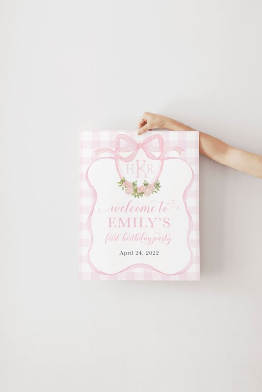 Preppy Monogram Pink Gingham Baby Shower Welcome Sign - First Birthday Welcome Sign