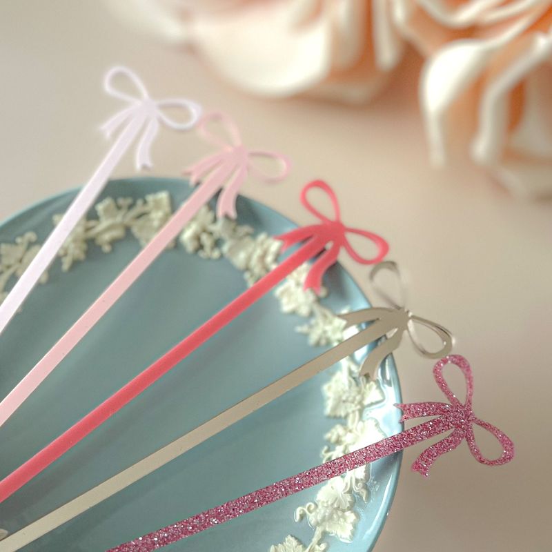 Fancy Pink Bow Drink stirrers bridal shower, birthday party bow cocktail stirrers, bow stir sticks, swizzle stick, preppy baby shower (Blush Pink, Set of 5 stirrers)