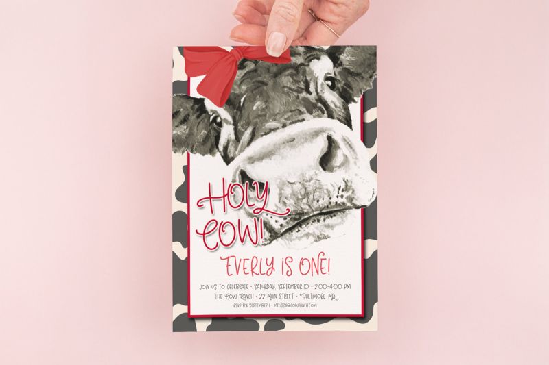 Holy Cow I'm One Invitations - Red Cow Birthday Invites - Girl Farm Party Invite - Girl Birthday Invitation - Cow Birthday Invite (10 printed invitations | Plain White Envelopes)