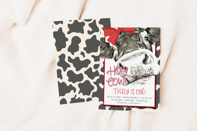 Holy Cow I'm One Invitations - Red Cow Birthday Invites - Girl Farm Party Invite - Girl Birthday Invitation - Cow Birthday Invite (10 printed invitations | Plain White Envelopes)